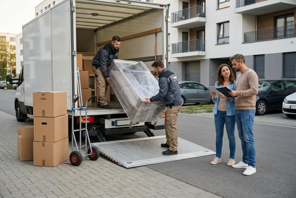 Firma przeprowadzkowa przenosi kartony i meble z domu do auta dostawczego, oferując pakowanie i transport