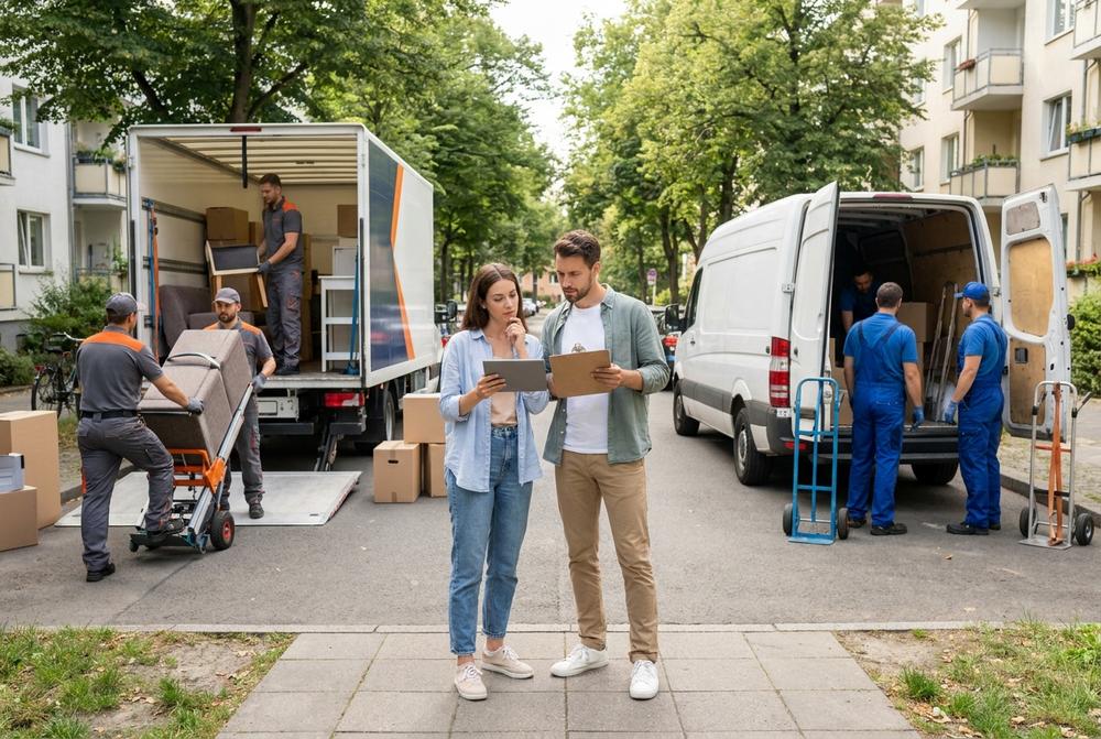 Pracownicy firmy przeprowadzkowej zabezpieczają i transportują meble podczas przeprowadzki domu lub biura