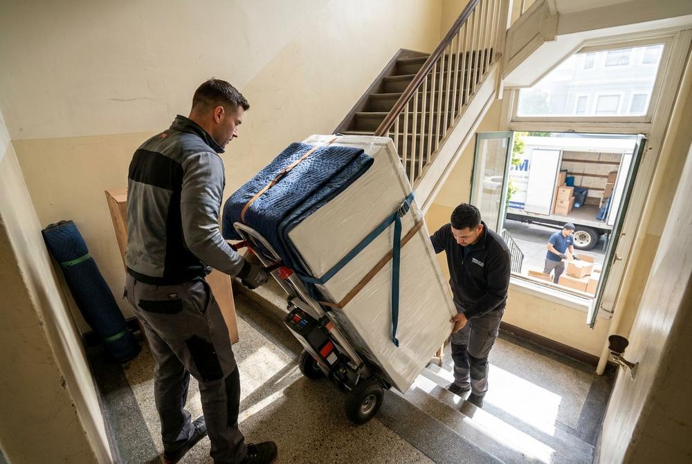 Przeprowadzki mieszkań i biur – załadunek zabezpieczonych mebli do samochodu transportowego